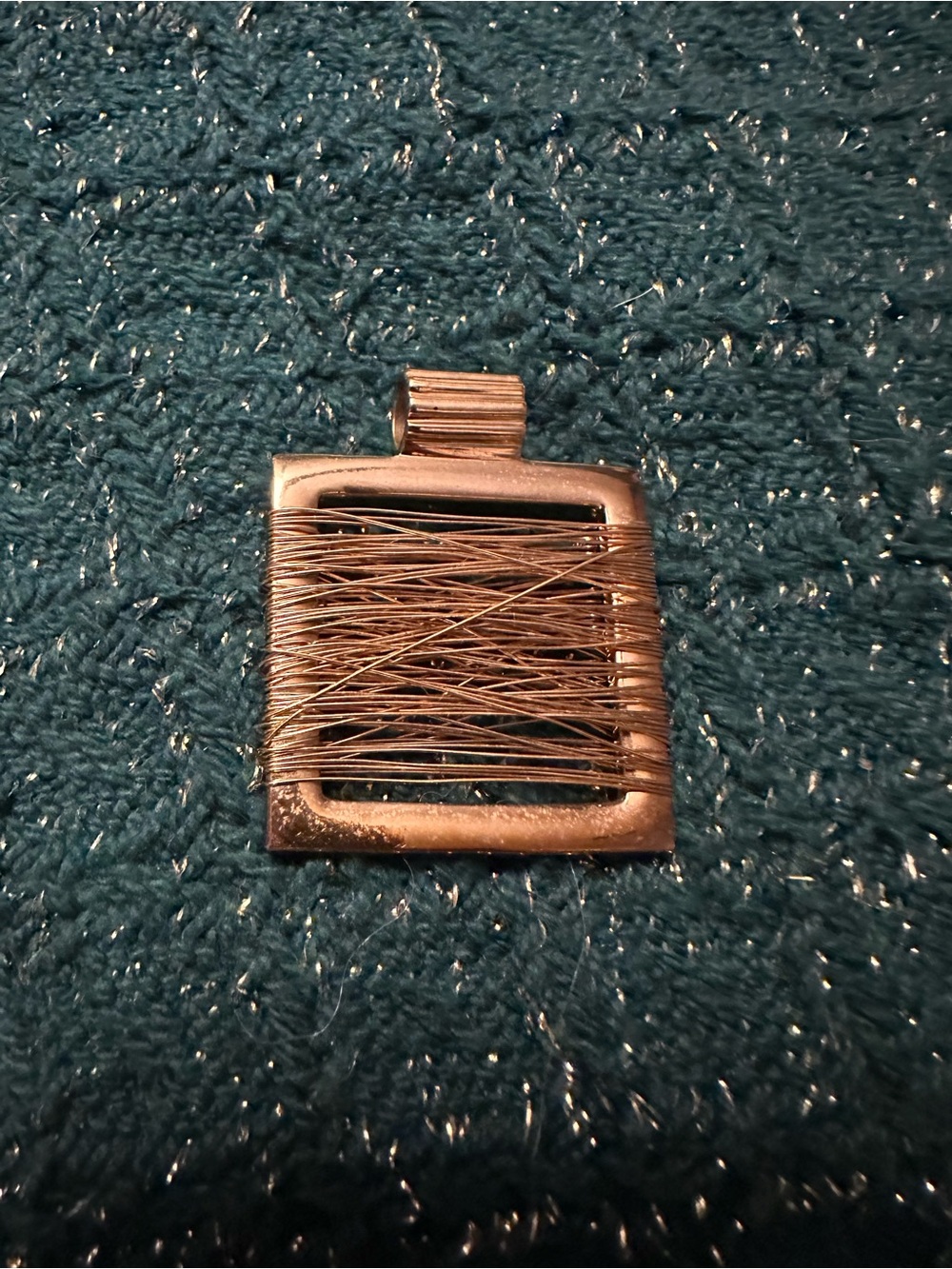 Modern Square Gold Tone Pendant with Wrapped Wire Detail
